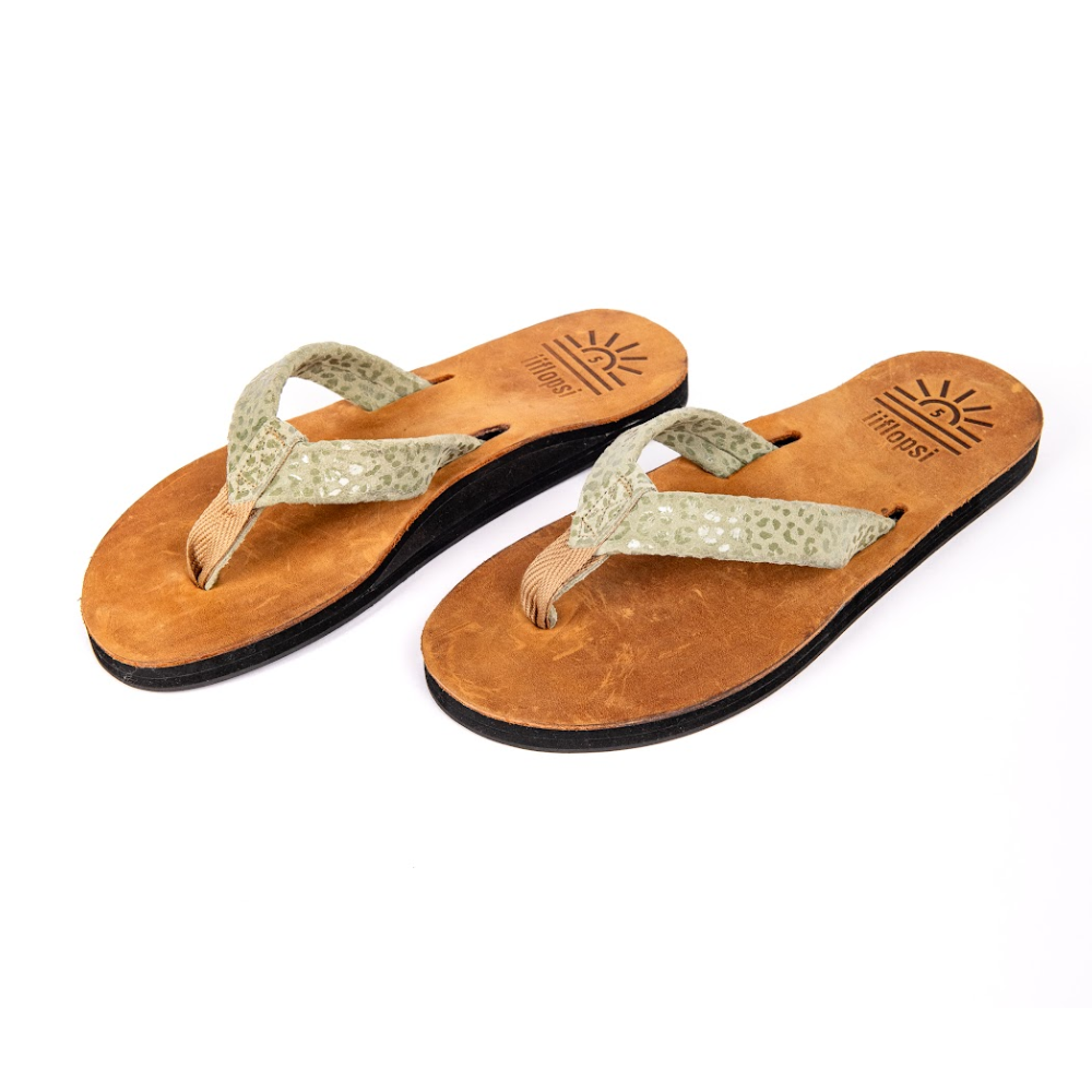 Ladies' Leopard Green premium handmade leather flip flops - flat - iiflopsi - South Africa