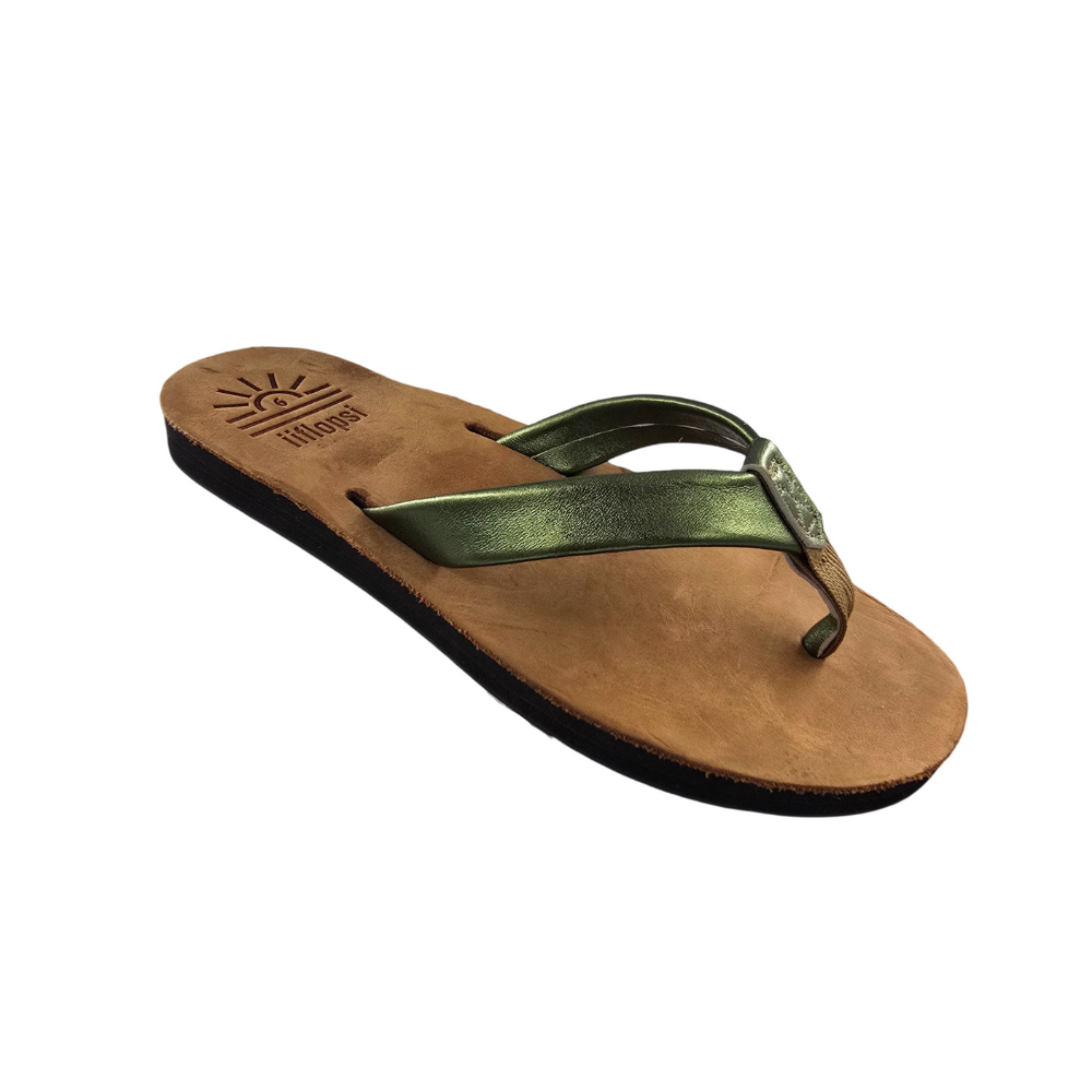 Ladies' Metallic Green handmade leather flip flops- arch support - iiflopsi - South Africa