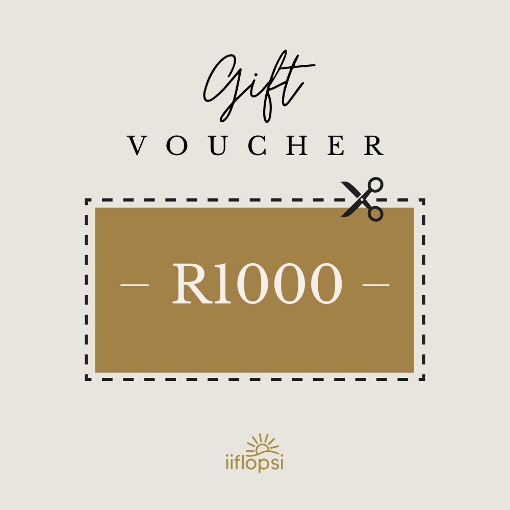 Gift voucher for R1000 with a scissors icon on a beige background, featuring the brand 'liflopsi'.