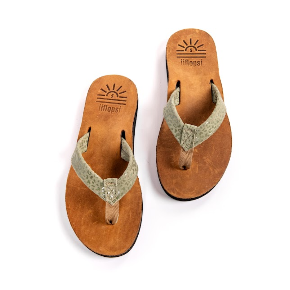 Ladies' Leopard Green premium handmade leather flip flops - flat - iiflopsi - South Africa