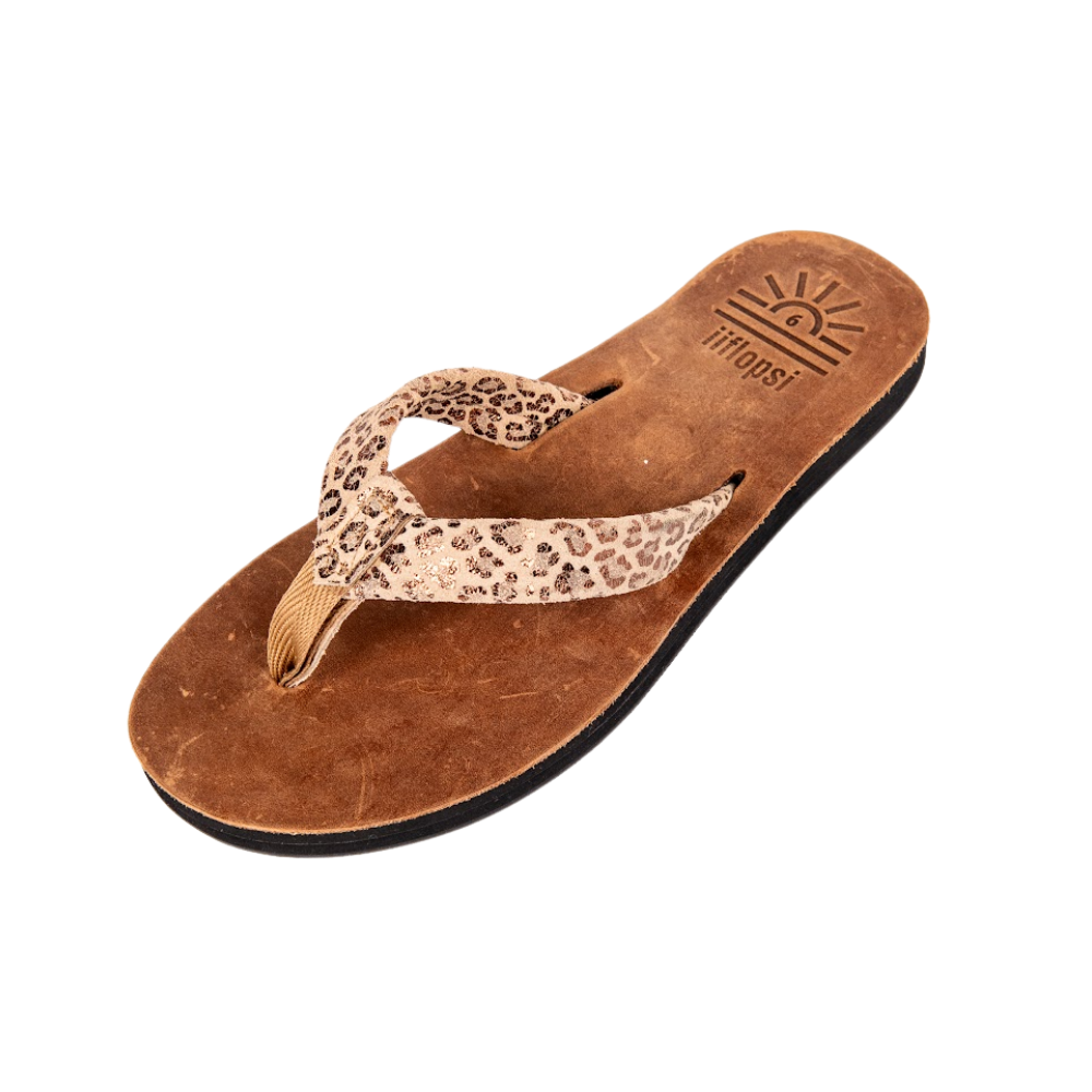 Ladies' Leopard Bronze premium handmade leather flip flops - flat - iiflopsi - South Africa