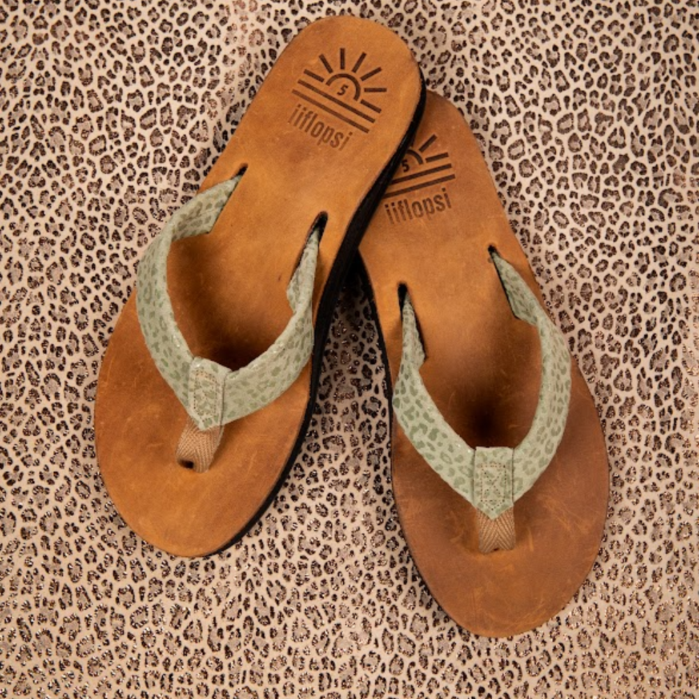 Ladies' Leopard Green premium handmade leather flip flops - flat - iiflopsi - South Africa