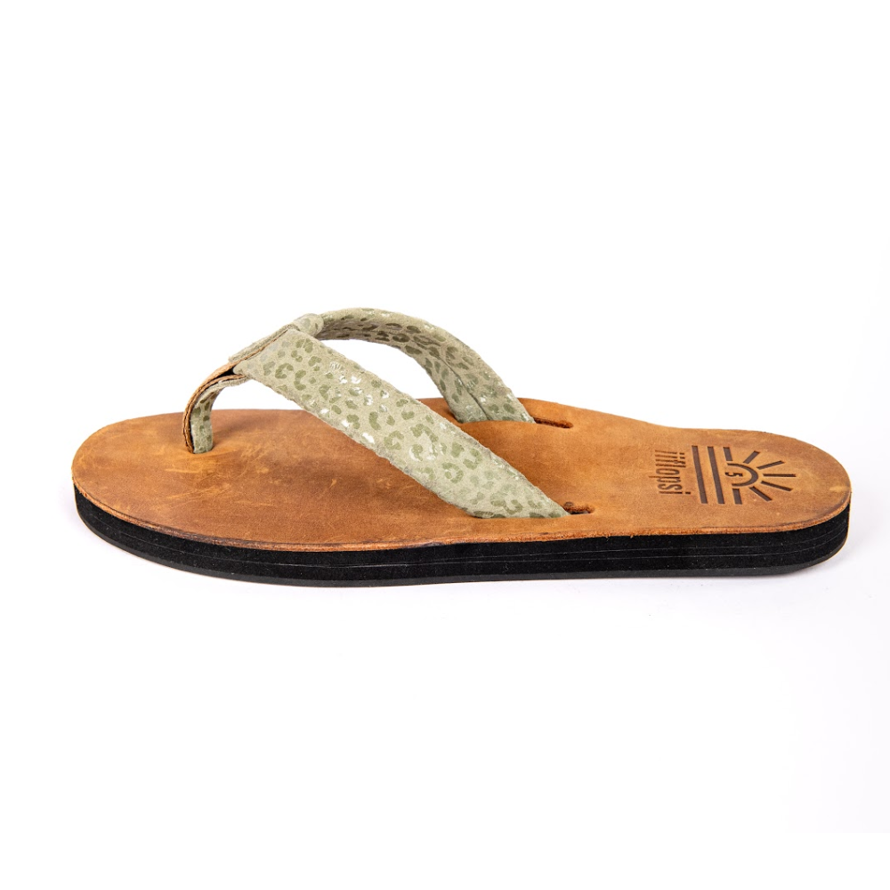 Ladies' Leopard Green premium handmade leather flip flops - flat