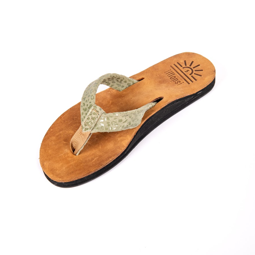Ladies' Leopard Green premium handmade leather flip flops - arch support - iiflopsi - South Africa