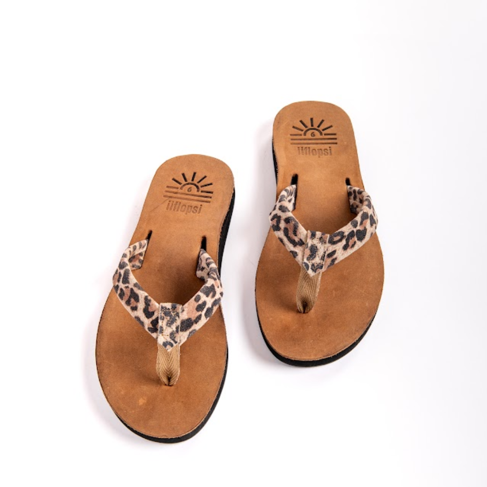 Ladies' Leopard premium handmade leather flip flops - flat - iiflopsi - South Africa