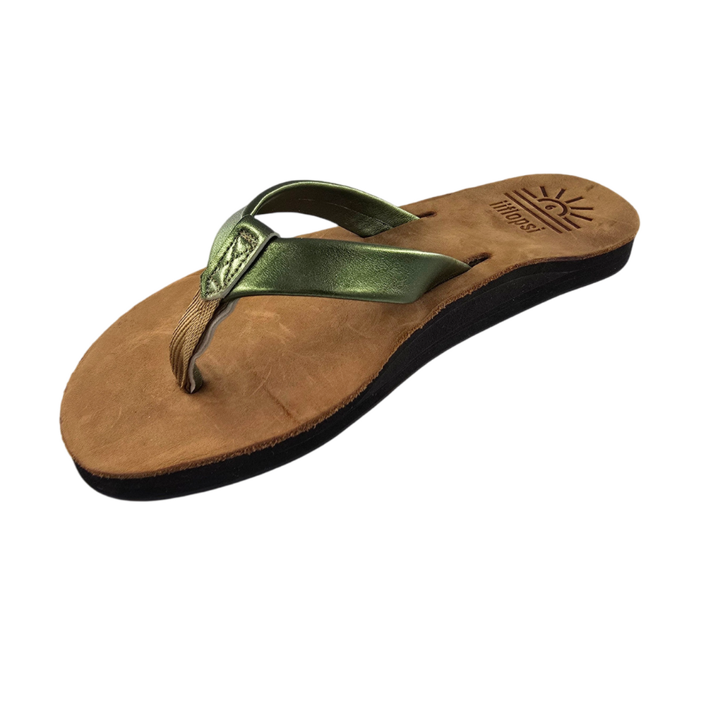 Ladies' Metallic Green handmade leather flip flops- arch support - iiflopsi - South Africa