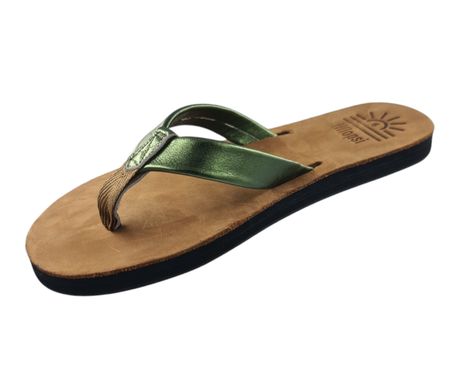 Ladies' Metallic Green premium handmade leather flip flops- flat - iiflopsi - South Africa