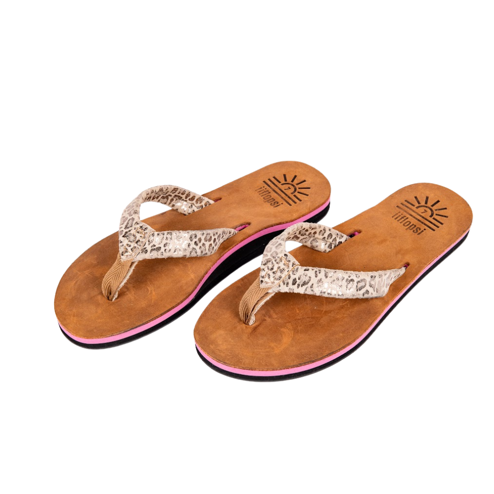 Ladies' Pink Leopard Silver premium handmade leather flip flops - arch support - iiflopsi - South Africa