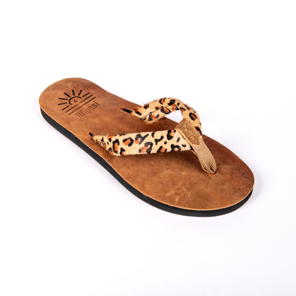 Ladies' Wild Leopard premium handmade leather flip flops - flat - iiflopsi - South Africa