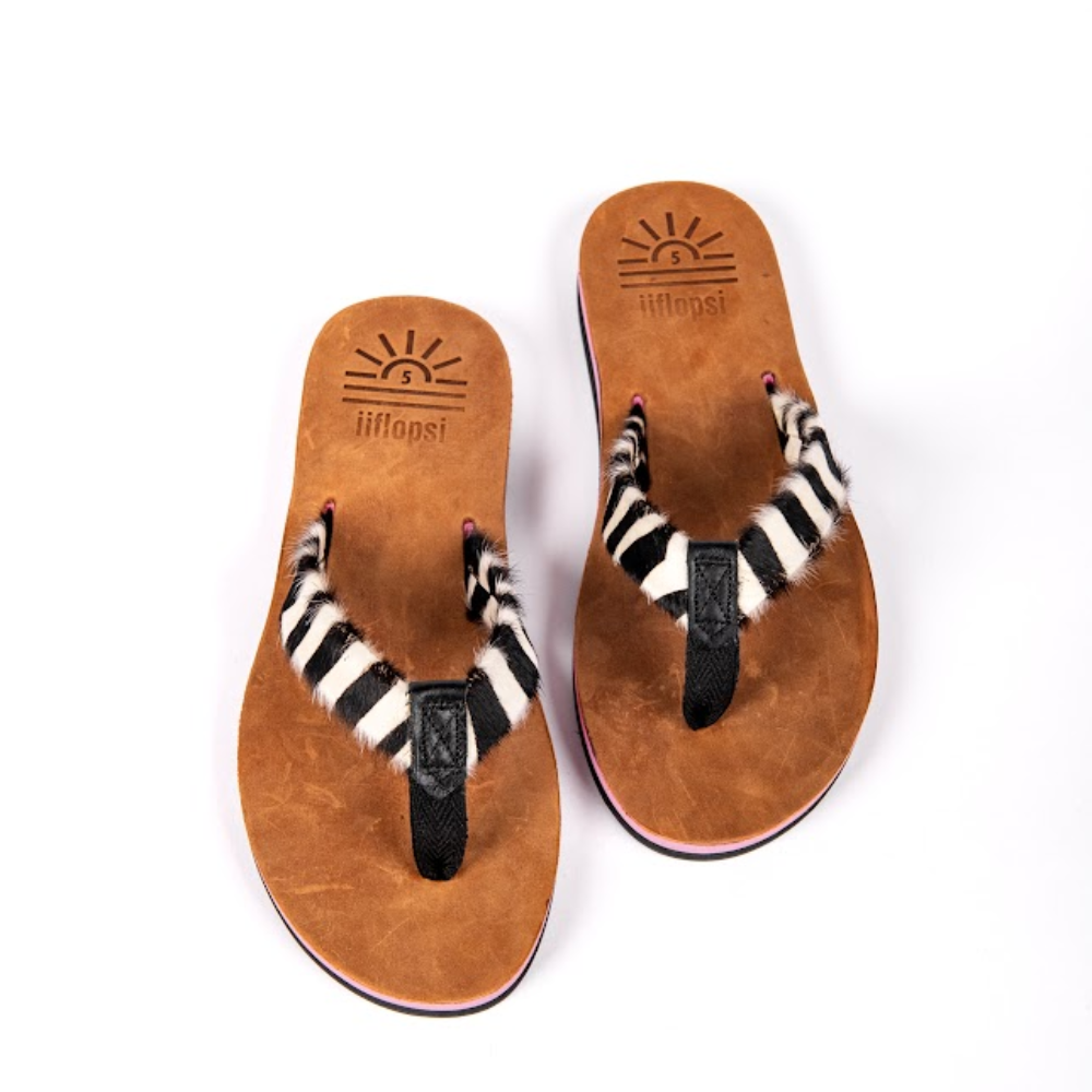 Ladies' Zebra Pink premium handmade leather flip flop - flat