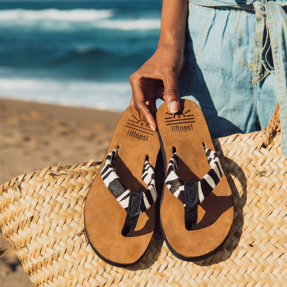 Ladies' Zebra premium handmade leather flip flops - arch support - iiflopsi - South Africa